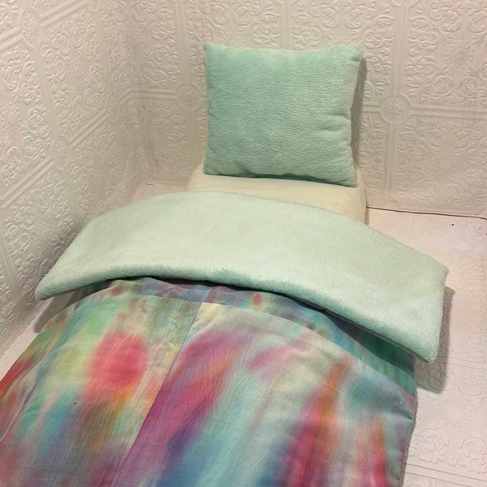 18” doll size tie dye & minky blanket, mattress & matching pillow